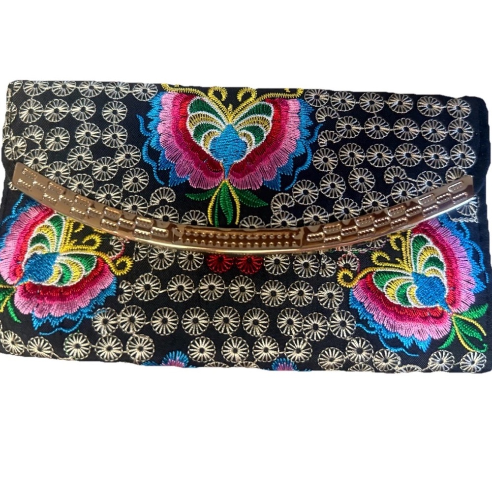 Embroidered Floral Clutch - Black and Pink